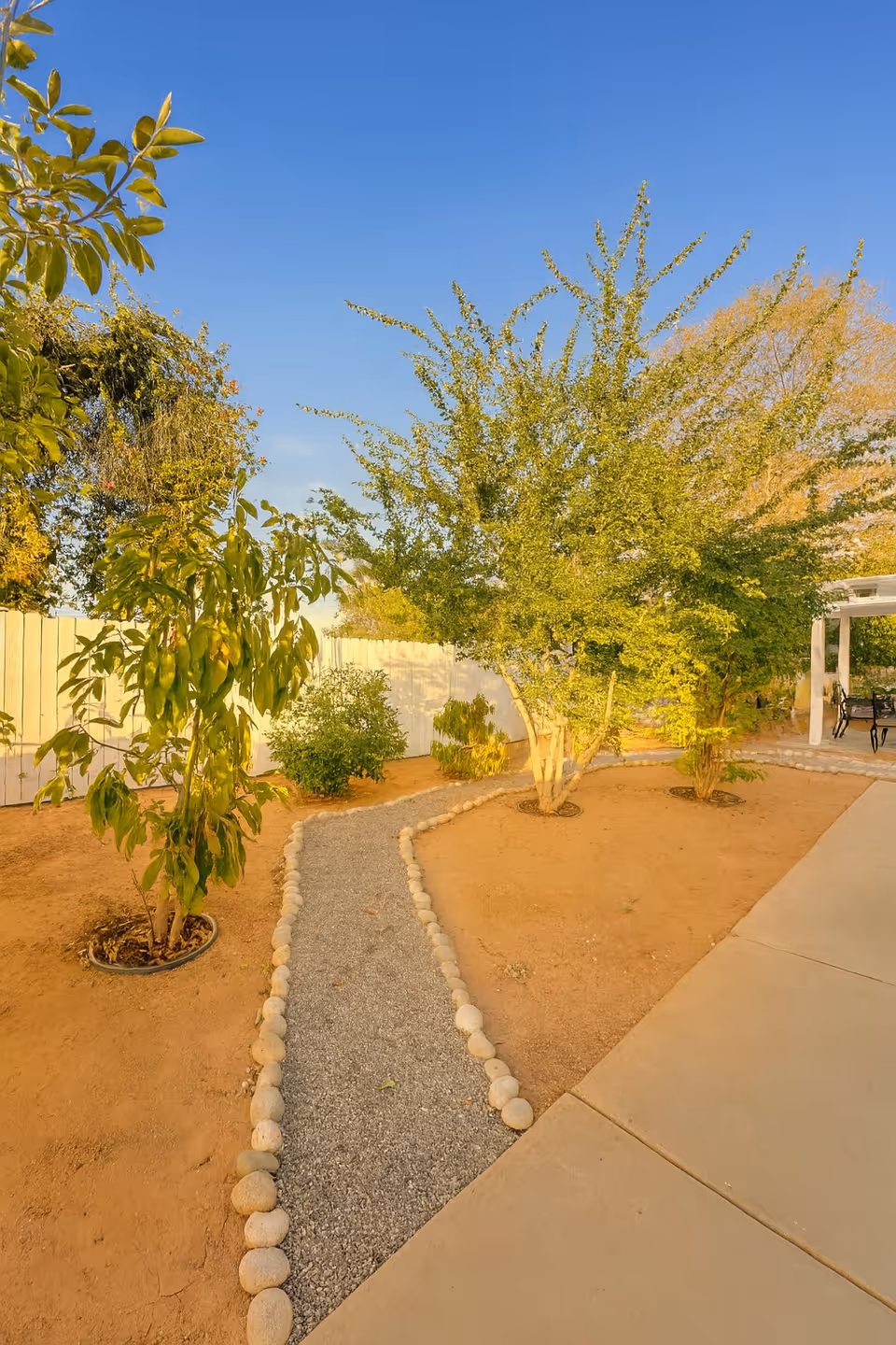 Sunny backyard with a stone-lined gravel pathway, trees, a white fence and a small patio area.