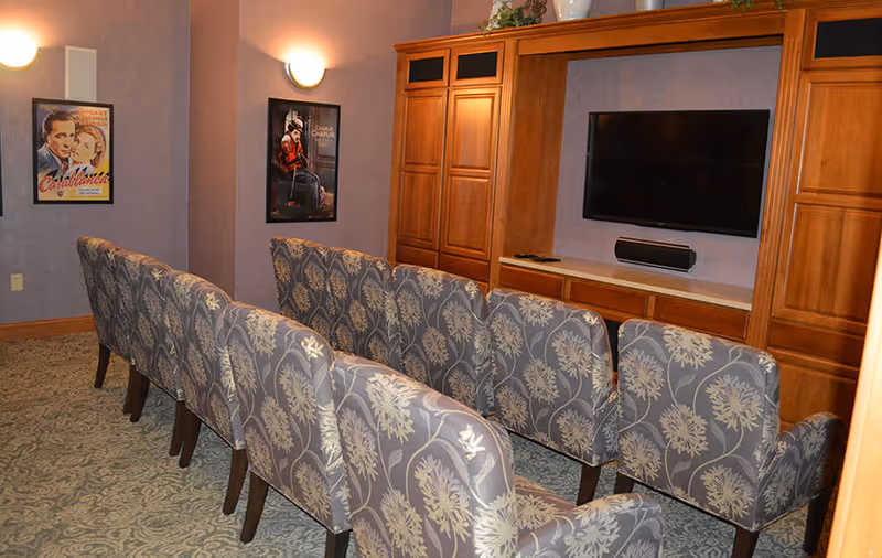 Small media room with two rows of patterned chairs facing a wall-mounted TV set in wooden cabinetry and movie posters on the wall.