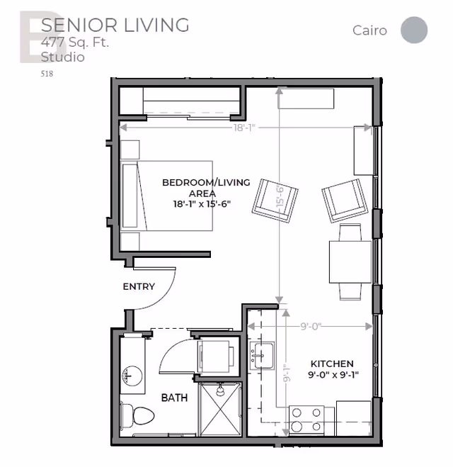 Architectural floor plan of a senior living studio apartment named Cairo, with a total area of 477 square feet. The layout includes a combined bedroom and living area measuring 18 feet 1 inch by 15 feet 6 inches, a kitchen measuring 9 feet by 9 feet 1 inch, a bathroom with a toilet, sink, and shower, and an entry door. Furniture such as a bed, chairs, table, stove, and sink are depicted.
