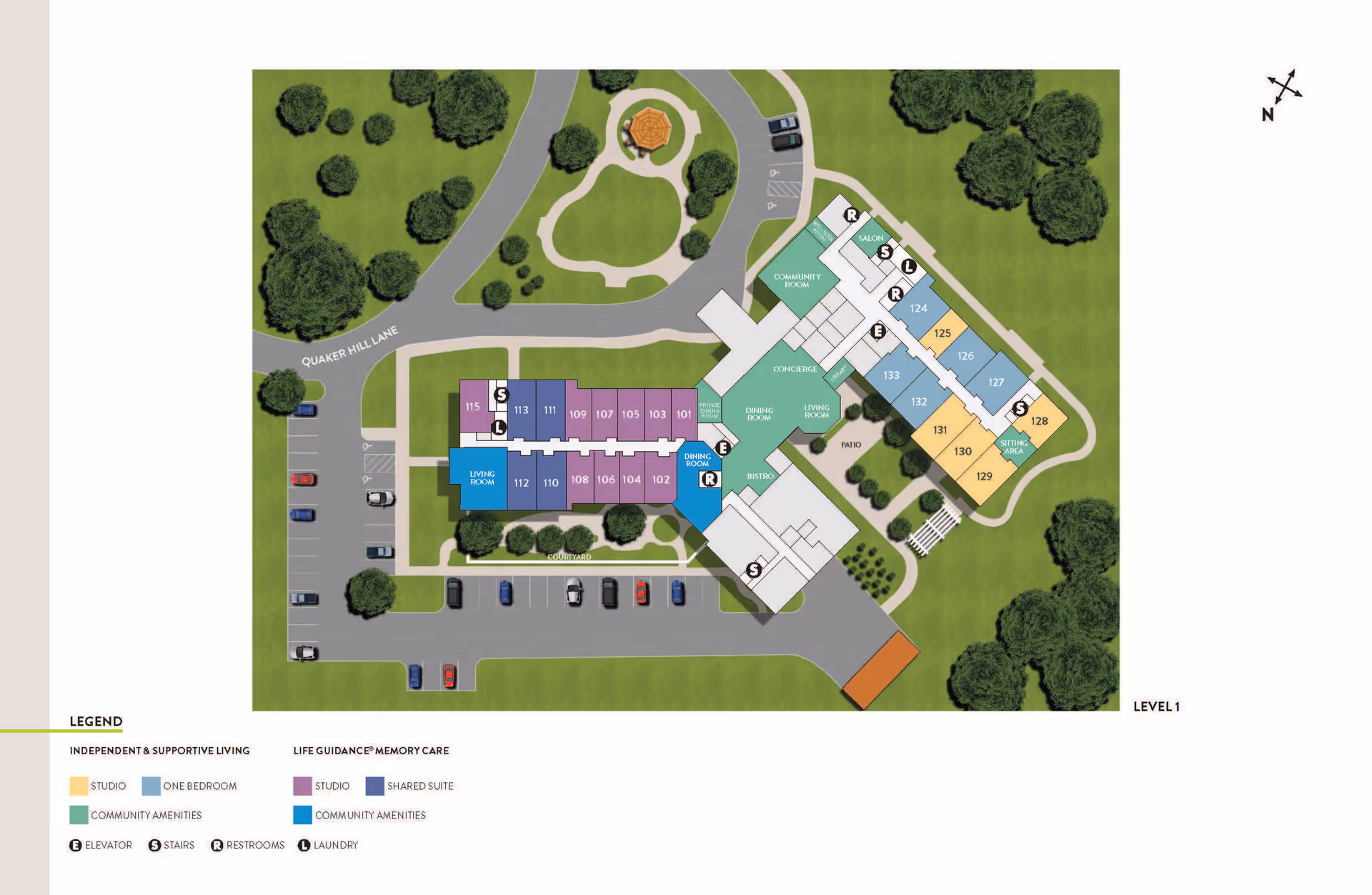 Floor plan of Atria Aquidneck Place showing layout of independent and supportive living areas, life guidance memory care, community amenities, parking, and outdoor spaces including a gazebo and pathways. The plan includes labeled rooms such as dining room, living room, bistro, salon, and sitting area, with icons for elevator, stairs, restrooms, and laundry. The map is oriented with a north arrow and includes a legend for different unit types and amenities.