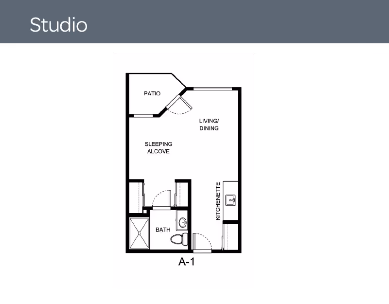 Black-and-white studio apartment floor plan labeled A-1 showing a patio, sleeping alcove, living/dining area, kitchenette, and bath.