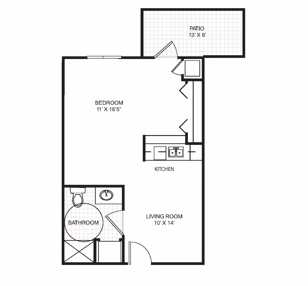 Floor plan of a senior living unit showing a bedroom measuring 11 feet by 16 feet 5 inches, a living room measuring 10 feet by 14 feet, a kitchen area, a bathroom with a toilet, sink, and shower, and a patio measuring 13 feet by 6 feet.