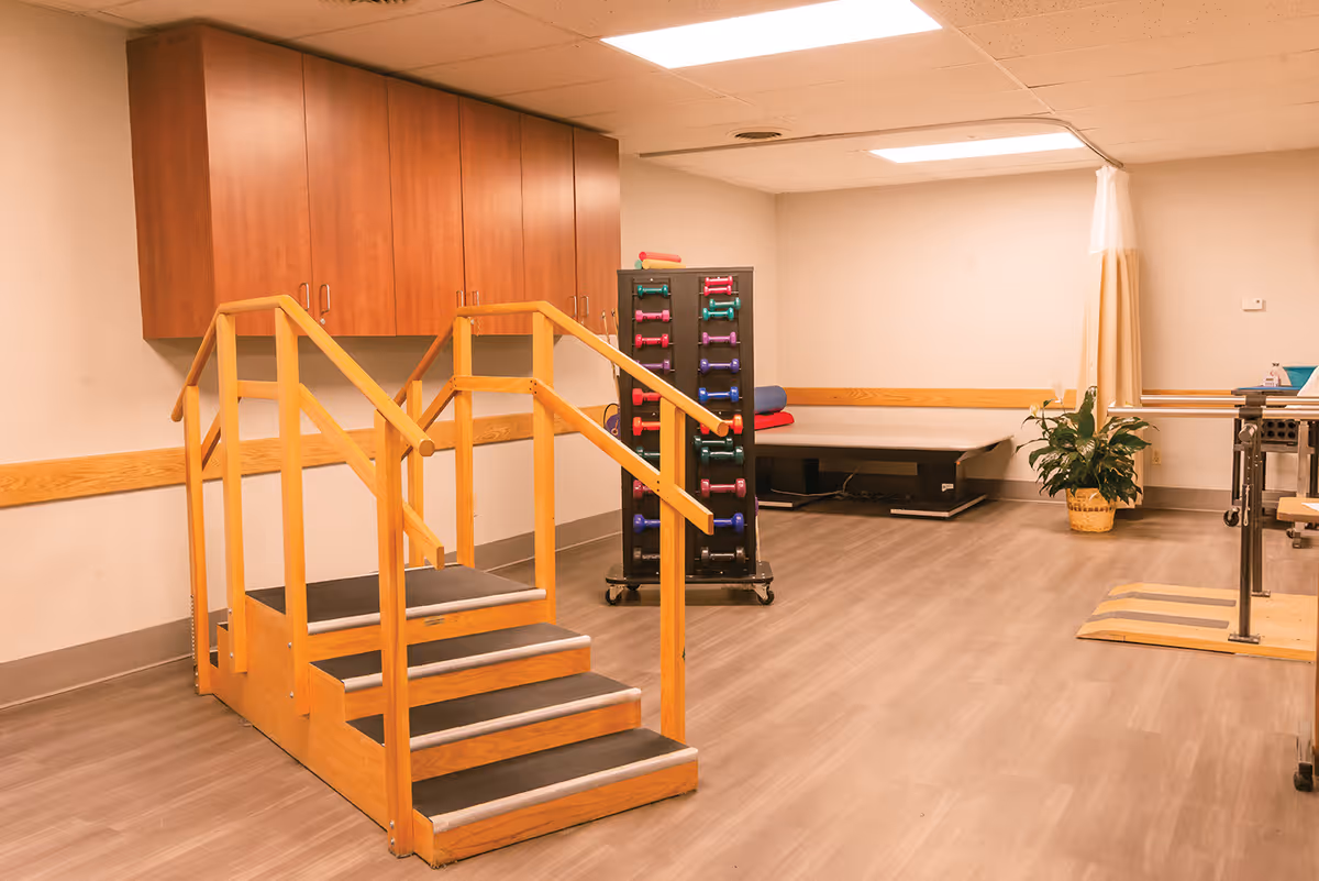Rehabilitation room with a wooden practice staircase, a rack of colorful dumbbells, a treatment table and a potted plant.
