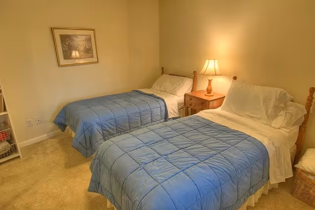 A bedroom with two twin beds covered with blue comforters and white pillows. There is a wooden nightstand with a lamp between the beds, a framed picture on the wall, and a beige carpeted floor.