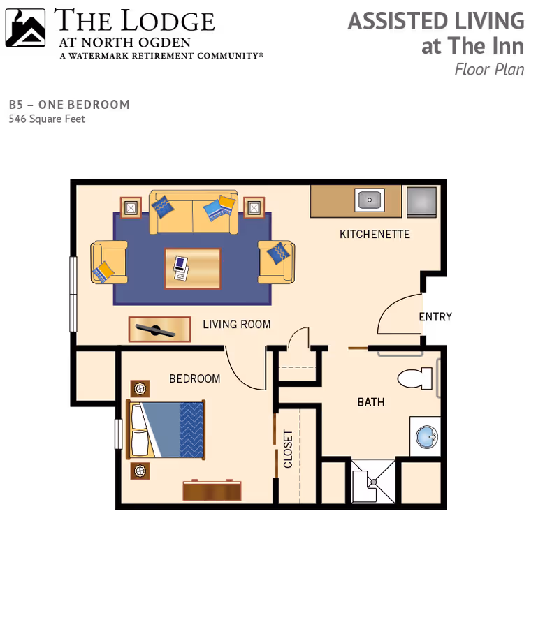 Floor plan of a one-bedroom assisted living unit with 546 square feet. The layout includes a living room with sofa and chairs, a kitchenette with sink and stove, a bedroom with a bed and nightstands, a bathroom with a toilet, sink, and shower, and a closet.
