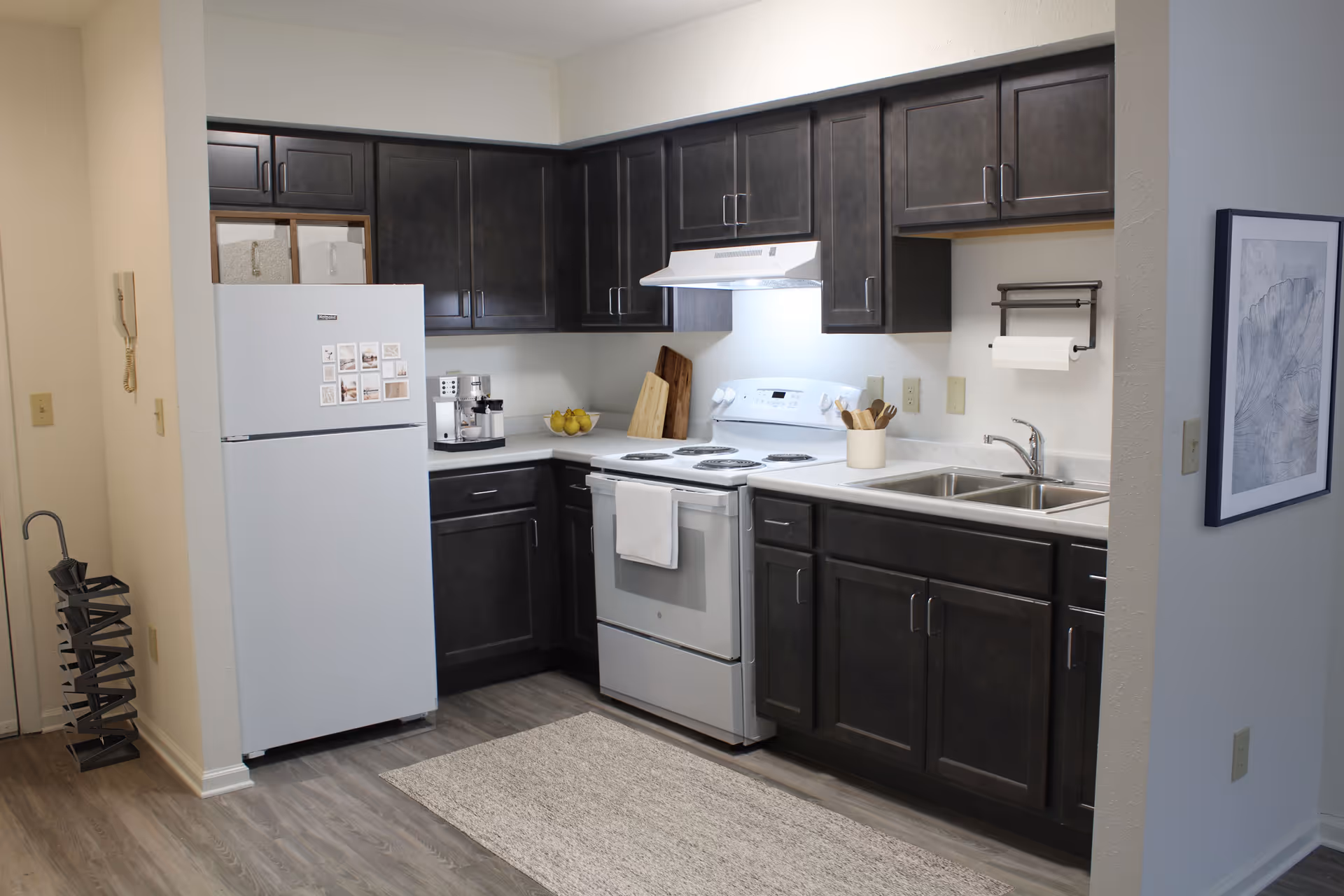 Compact kitchen with dark cabinets, white stove and refrigerator, a double sink, and countertop appliances.