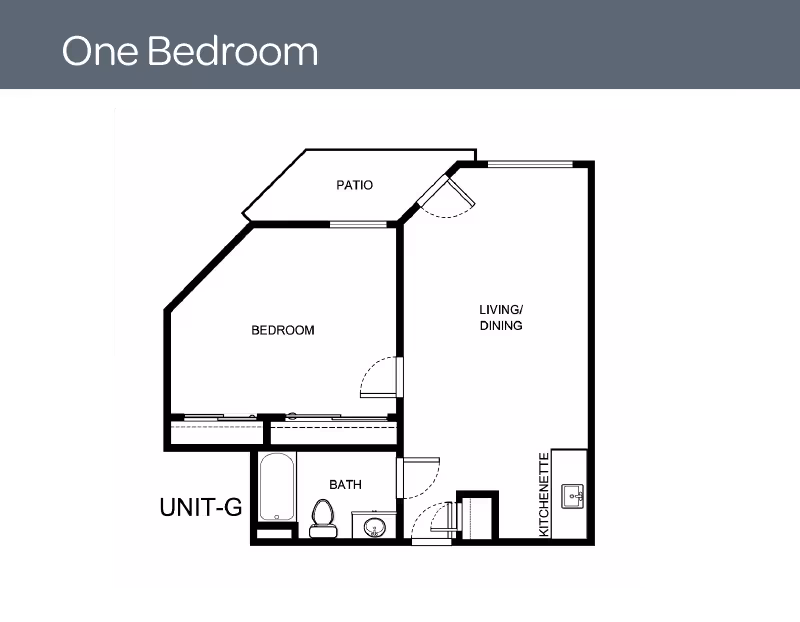 Black-and-white one-bedroom floor plan labeled UNIT-G showing a bedroom, bath, living/dining area, kitchenette, and patio.