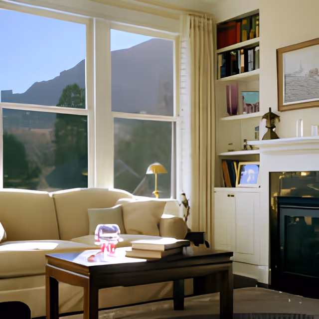 Sunlit living room with a beige sofa, coffee table, built-in shelving and a fireplace beneath a large window.