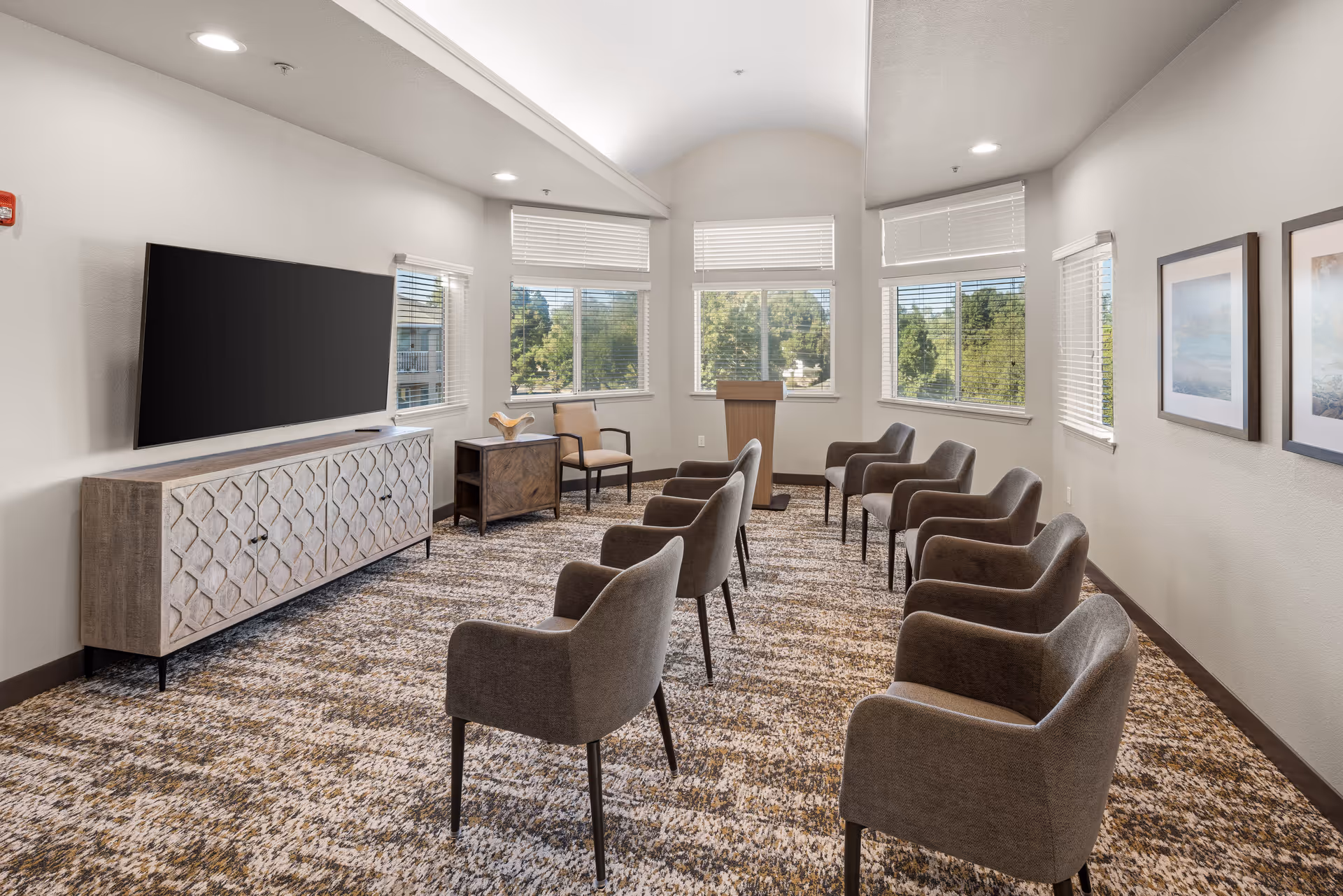A bright meeting or presentation room with multiple gray upholstered chairs arranged in rows facing a large flat-screen TV mounted on the wall above a decorative wooden cabinet. The room has large windows with white blinds letting in natural light, a small wooden podium at the front, and framed artwork on the right wall. The carpet has a patterned design in neutral tones.