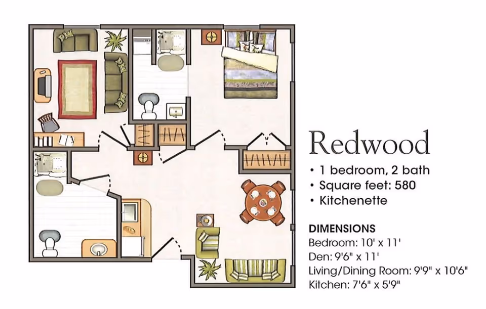 Floor plan of Redwood apartment at St Josephs Village showing 1 bedroom, 2 bathrooms, a kitchenette, living/dining room, and den with dimensions.