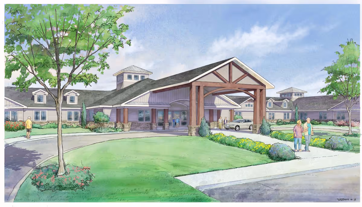 Illustration of the front exterior of a senior living facility named The Lodge at Rocky Mount, showing a large covered entrance with wooden beams, a circular driveway, landscaped greenery, trees, and a few people walking near the entrance.