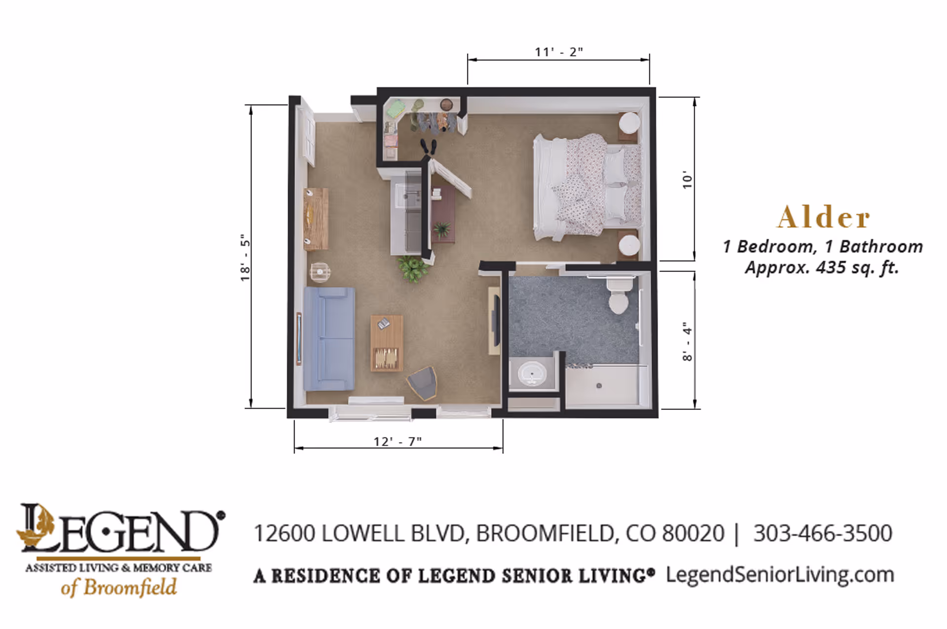 Floor plan of Alder unit at Legend of Broomfield showing a 1 bedroom, 1 bathroom apartment approximately 435 square feet. The layout includes a living room with sofa and chair, a bedroom with a bed and nightstands, a bathroom with a shower, toilet, and sink, and a small kitchen area. Dimensions of each room are indicated.