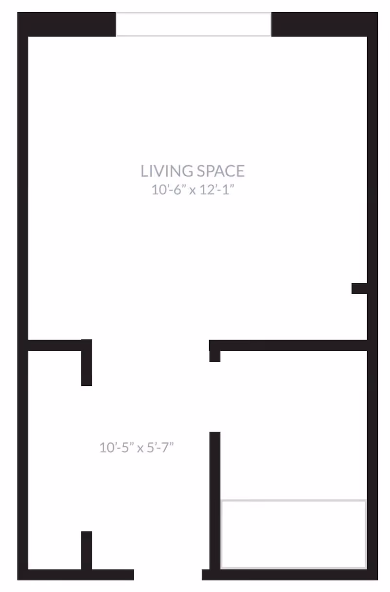 Architectural floor plan showing a living space measuring 10 feet 6 inches by 12 feet 1 inch, along with an adjacent area measuring 10 feet 5 inches by 5 feet 7 inches.