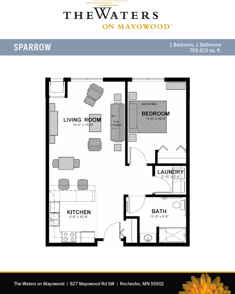 Floor plan of a one-bedroom, one-bathroom apartment named Sparrow at The Waters on Mayowood. The layout includes a living room with a couch and chairs, a kitchen with a dining area, a bedroom with a queen bed, a bathroom, and a laundry area.