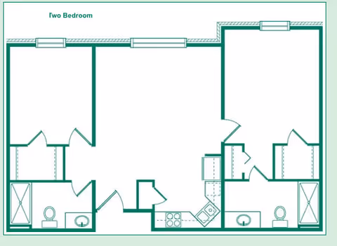 Floor plan layout of a two-bedroom apartment with two bathrooms, a kitchen area, and closets.