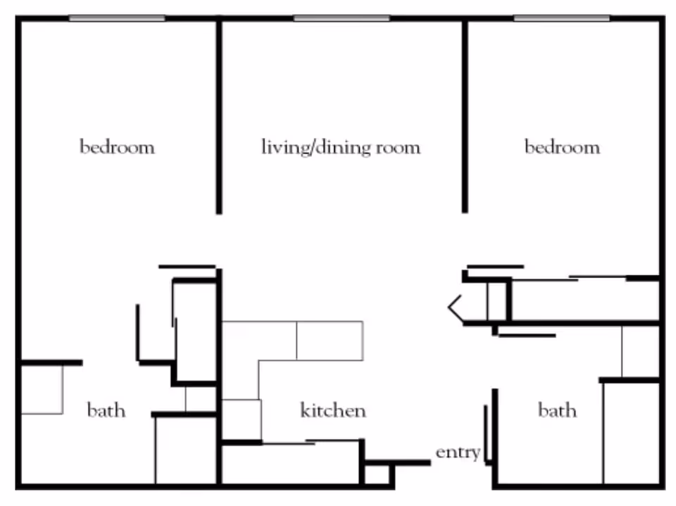 Floor plan layout showing two bedrooms, a living/dining room, a kitchen, two bathrooms, and an entry area.