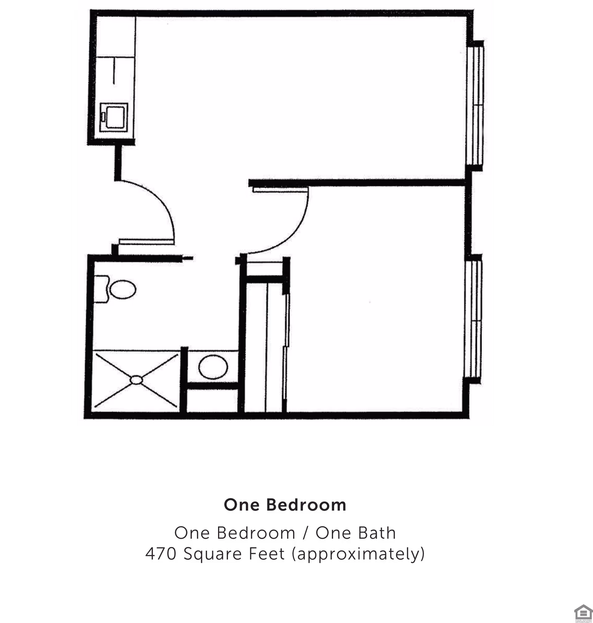 Floor plan of a one-bedroom, one-bath apartment approximately 470 square feet, showing layout with a bathroom, kitchen area, bedroom, and living space.
