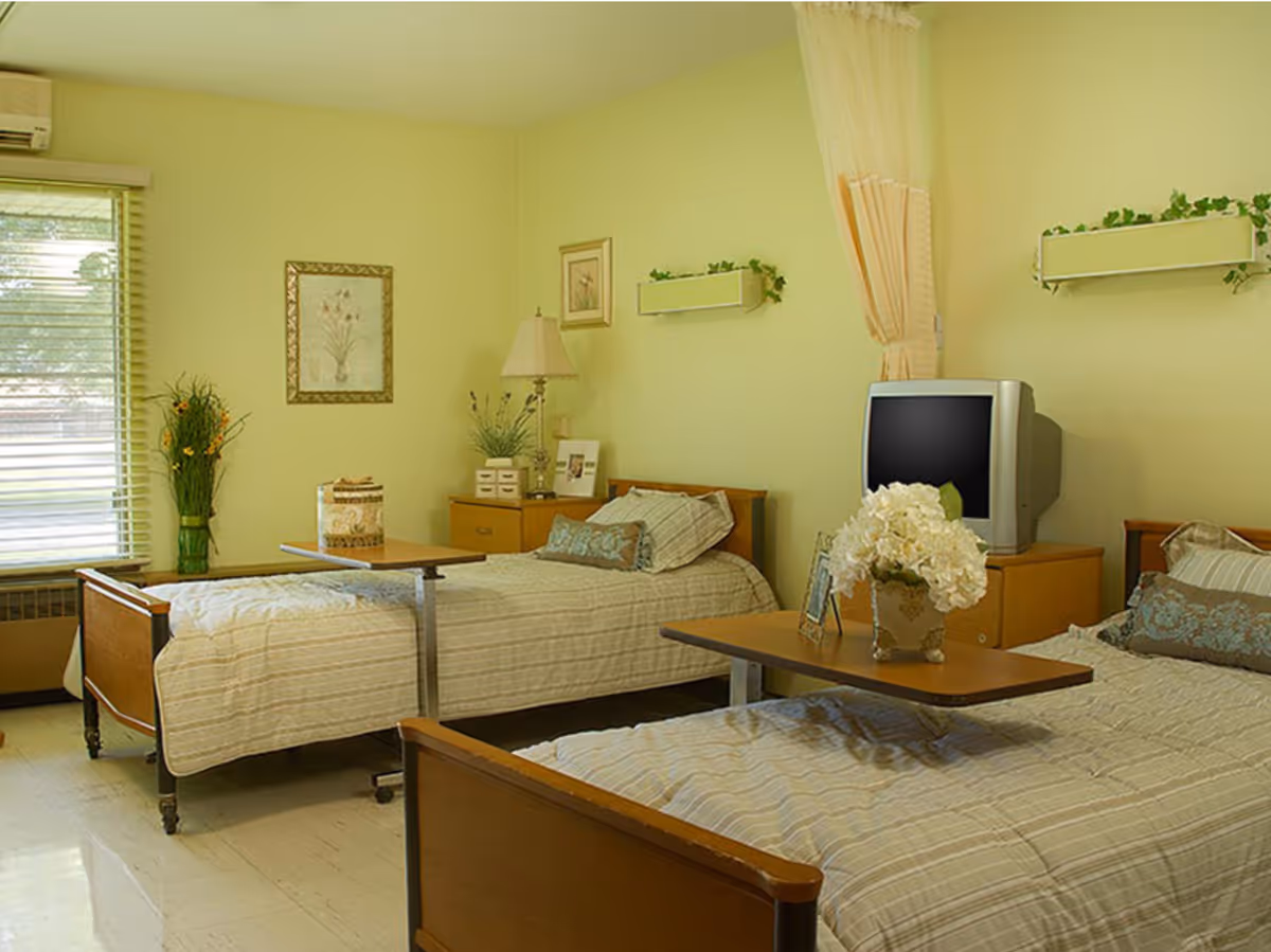 A cozy room with two single beds, each with a beige striped bedspread and decorative pillows. Each bed has a wooden overbed table, one holding a vase with white flowers. The room has light green walls with framed floral artwork, two small wall-mounted planters with greenery, a wooden nightstand with a lamp and decorative items, and a CRT television on a wooden cabinet. A window with blinds lets in natural light.