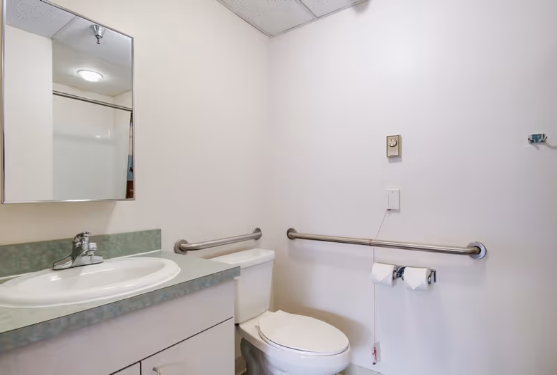 A clean and simple bathroom with a white toilet, a sink with a greenish countertop, a mirror above the sink, and stainless steel grab bars on the walls near the toilet. There are two toilet paper rolls on a holder attached to one of the grab bars, and a pull cord hanging from a device on the wall.