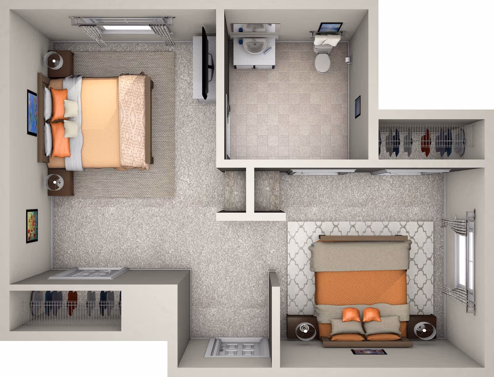 Top-down rendered floor plan showing two bedrooms with beds and nightstands, a central bathroom, closets, and connecting hallway.