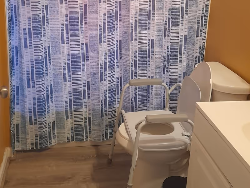 Bathroom with a toilet fitted with a raised commode chair and a blue patterned shower curtain.