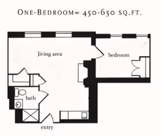 Black-and-white one-bedroom floor plan labeled "One-Bedroom = 450-650 sq. ft." showing a living area, bedroom, bathroom, and entry.