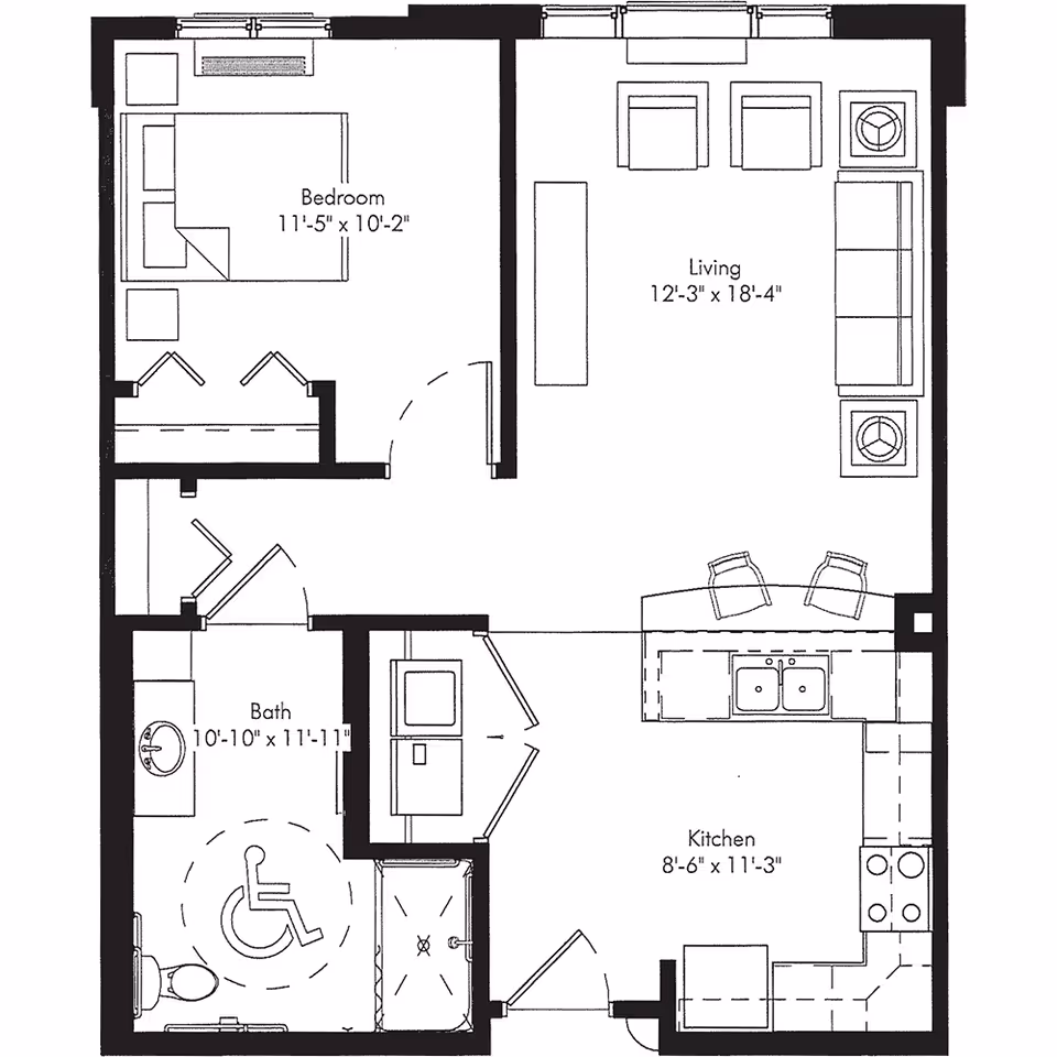 Architectural floor plan of a senior living unit at New Perspective Senior Living | Oakdale, showing a bedroom, living room, kitchen, and bathroom with accessibility features.