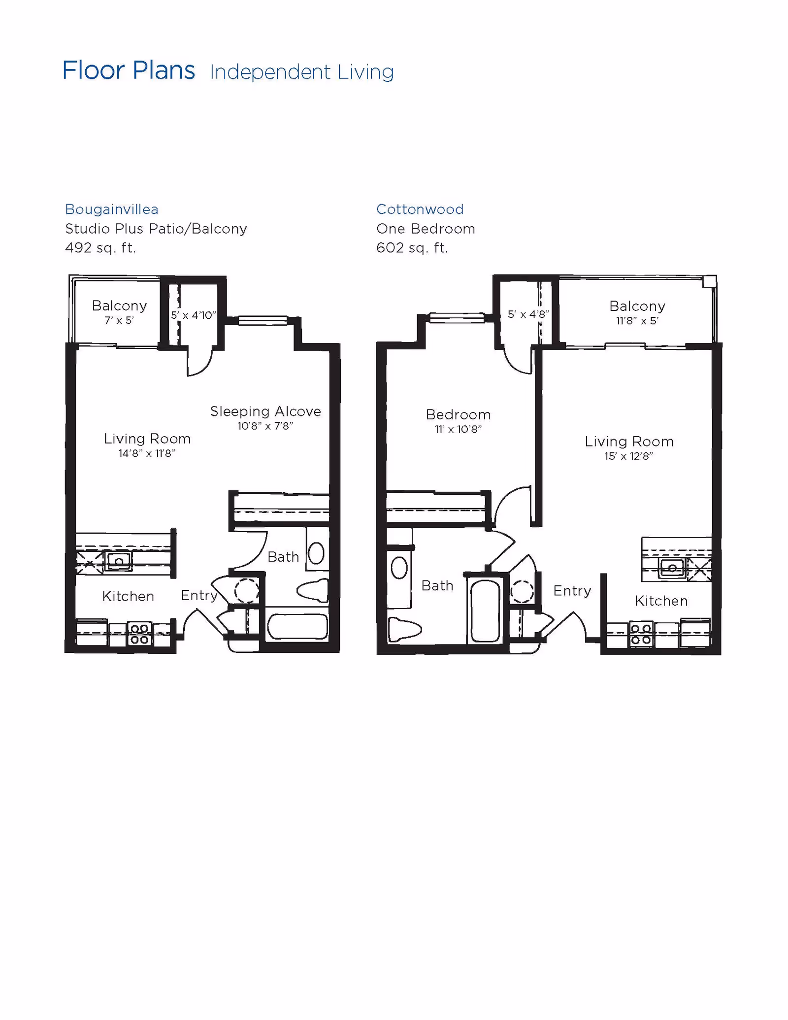Floor plans for independent living at Brookdale Santa Catalina showing two layouts: Bougainvillea Studio Plus Patio/Balcony with 492 sq. ft. including a living room, sleeping alcove, kitchen, bath, entry, and balcony; and Cottonwood One Bedroom with 602 sq. ft. including a bedroom, living room, kitchen, bath, entry, and balcony.