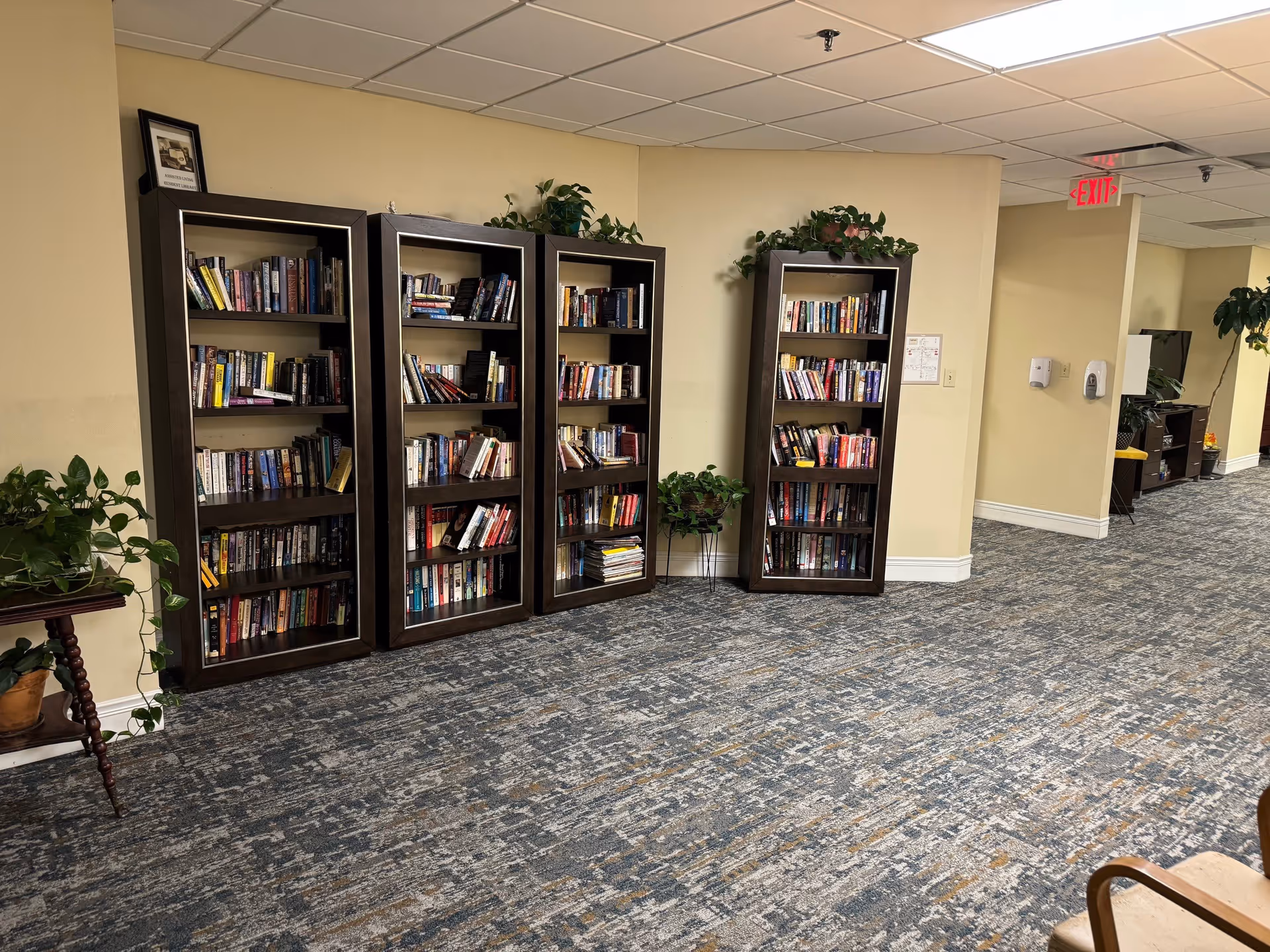 Interior hallway area with four dark wooden bookshelves filled with books against a beige wall. There are green plants on top of the bookshelves and on the floor nearby. The floor is carpeted with a patterned design in shades of blue and gray. An exit sign is visible on the ceiling in the background.