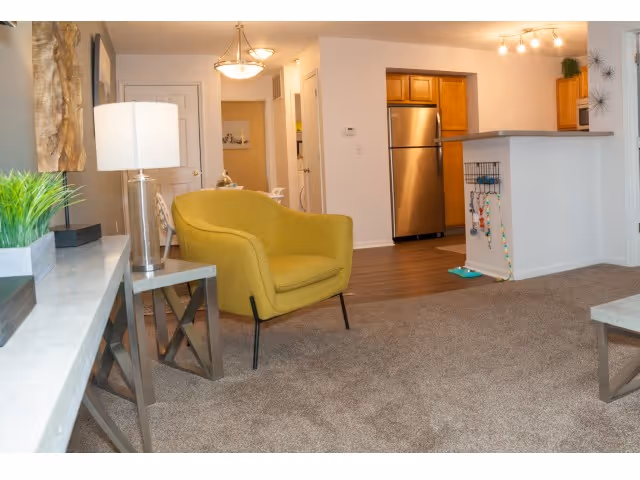 Interior view of a living area in a senior living facility showing a green armchair, a side table with a lamp and a plant, carpeted floor, and an open kitchen with wooden cabinets and stainless steel refrigerator in the background.