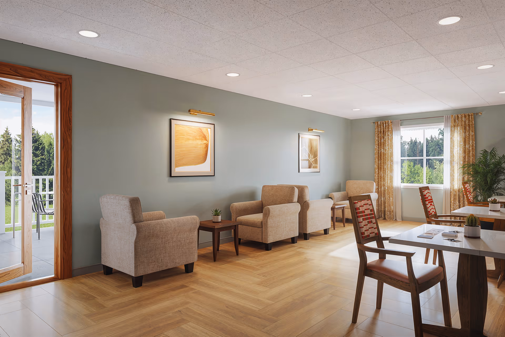 A bright and spacious living room area in Brompton Heights of Williamsville featuring beige armchairs arranged around small wooden tables, a large window with patterned curtains letting in natural light, framed artwork on the walls, and a door leading to an outdoor patio with greenery visible outside.
