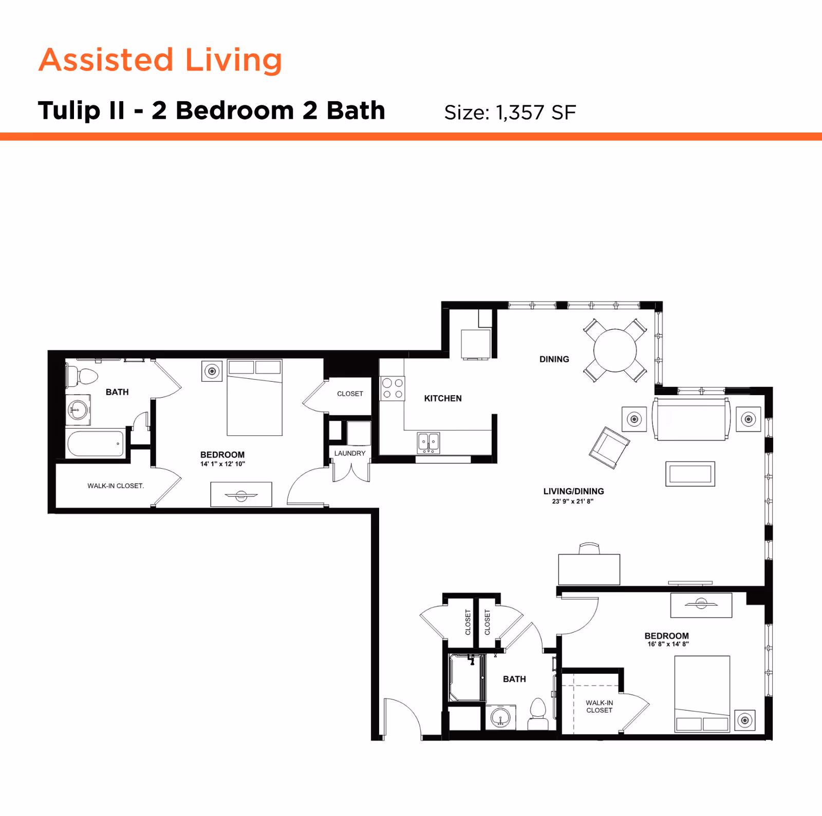 Floor plan labeled 'Tulip II - 2 Bedroom 2 Bath' showing a two-bedroom, two-bath assisted living apartment layout with kitchen, dining, living area and walk-in closets.