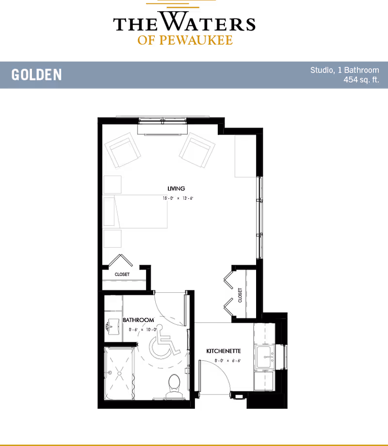 Floor plan layout of a studio apartment named Golden at The Waters of Pewaukee, showing a living area with furniture, a bathroom, kitchenette, and closets, with dimensions provided for each area.