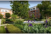 Outdoor garden area with green shrubs, purple flowers, and trees in front of a multi-story brick building under a clear sky.