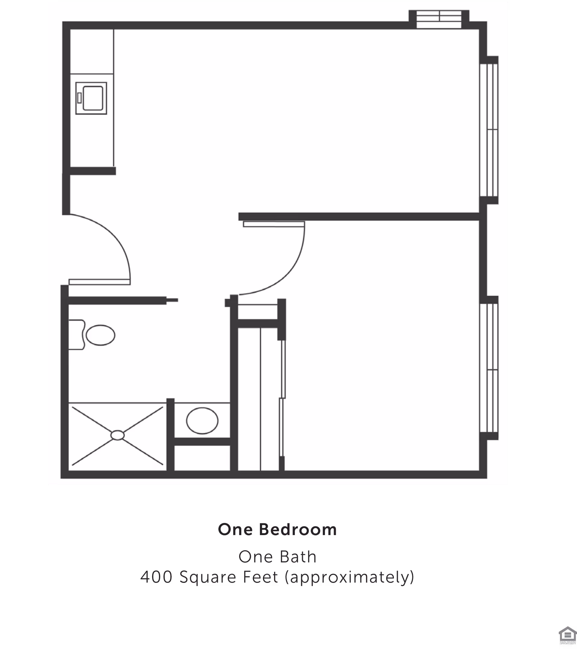 Black-and-white floor plan diagram showing a one-bedroom, one-bath apartment layout approximately 400 square feet.