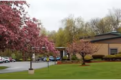 Front entrance of a single-story senior living facility with a parking lot, blooming pink trees, and a green lawn.