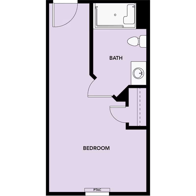 Floor plan showing a bedroom area labeled 'BEDROOM', an adjoining bathroom with tub, toilet and sink, a closet, and a PTAC unit.