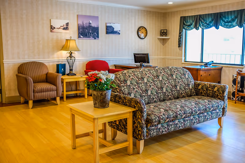 Sunlit nursing home common room with a floral-patterned sofa facing a small side table topped by a potted plant, armchairs, a lamp, and a desk by a window.
