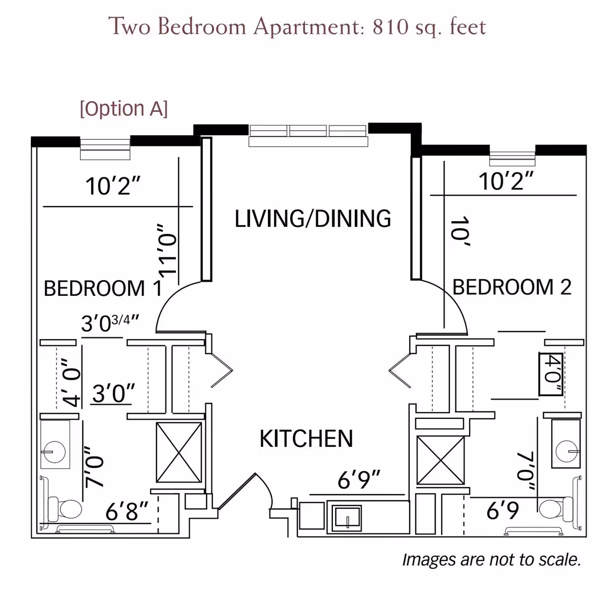 Floor plan of a two-bedroom apartment measuring 810 square feet, showing two bedrooms, a combined living and dining area, a kitchen, and two bathrooms. Dimensions for each room and some fixtures are indicated.