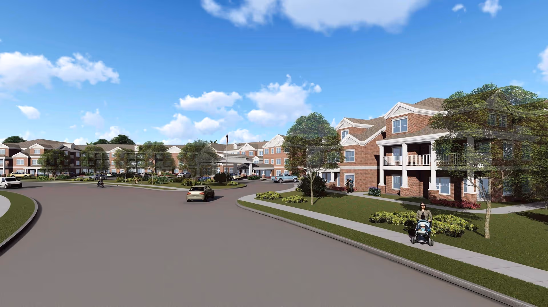 Exterior view of a large brick retirement living facility with multiple floors, balconies, and a covered entrance. There are cars parked and driving on the road in front, and a woman pushing a stroller on the sidewalk. The sky is blue with scattered clouds.