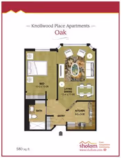 Floor plan of Oak unit at Knollwood Place Apartments showing a 580 sq. ft. layout with a bedroom, bathroom, living and dining area, kitchen, and entry. The bedroom measures 10-0 x 13-0, the living and dining area is 12-4 x 17-5, and the kitchen is 9-0 x 9-0. The floor plan includes furniture placement and is branded with the Sholom logo and website at the bottom right.