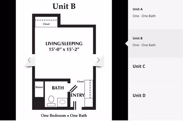 Floor plan of Unit B at Christian Care Center Inc Bentley Personal Care Unit showing a one-bedroom, one-bath layout. The main area is labeled Living/Sleeping measuring 15 feet by 15 feet 2 inches, with two closets. The bathroom includes a shower, toilet, and sink, and there is an entry area adjacent to a closet.