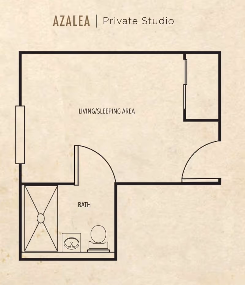 Floor plan layout of Azalea Private Studio showing a living/sleeping area and a bath with a shower, sink, and toilet.