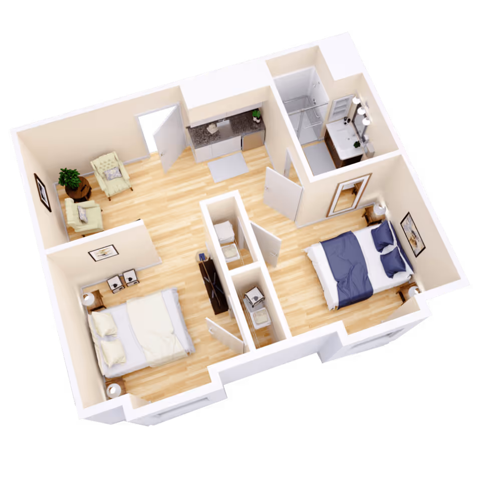 3D floor plan of a two-bedroom apartment featuring a living area with two armchairs and a side table, a small kitchen with cabinets and countertop, a bathroom with a shower, and two bedrooms each with a bed, nightstands, and wall decorations.