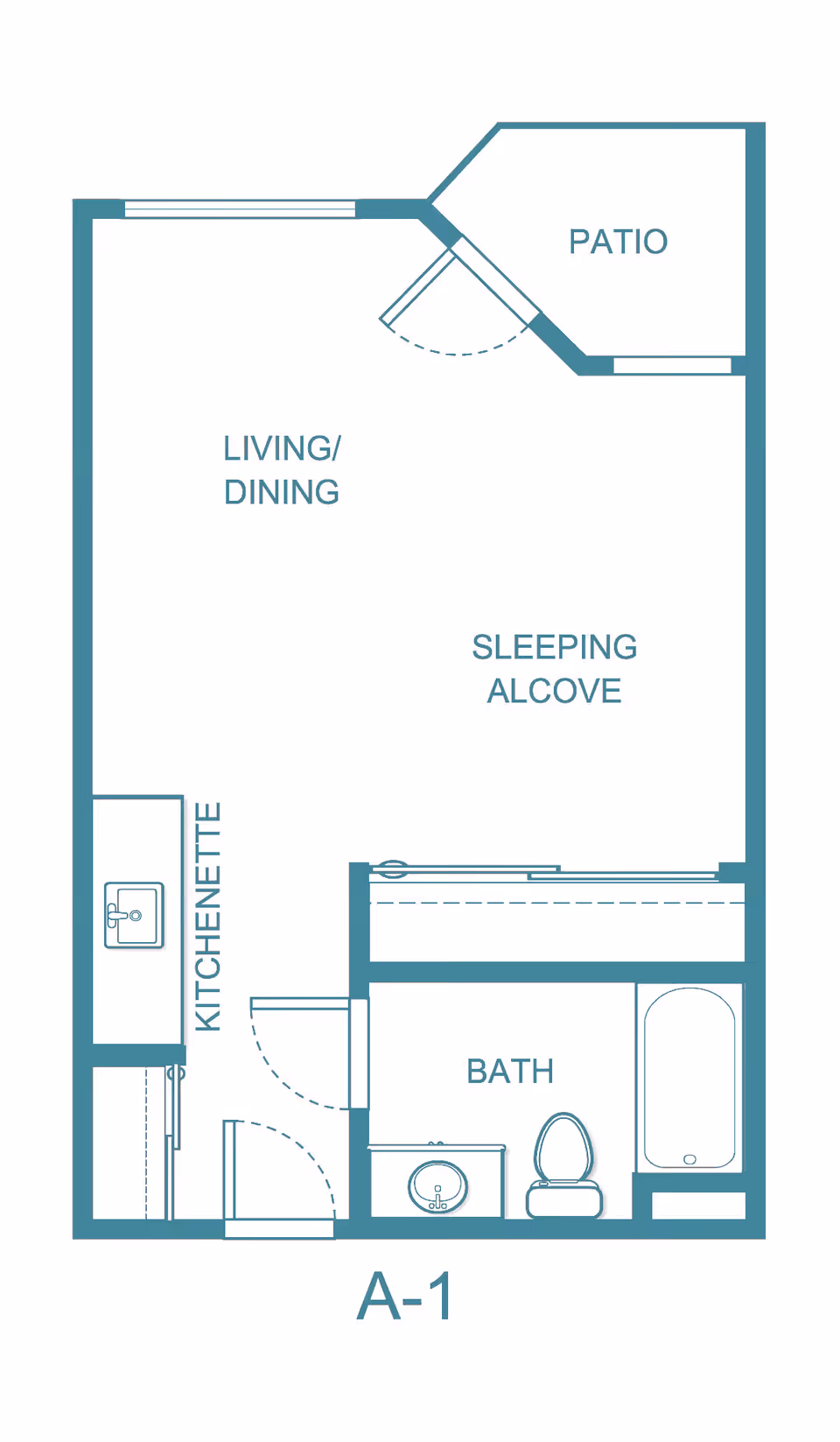 Floor plan of a studio apartment labeled A-1 at Solista Everett, showing a living/dining area, sleeping alcove, kitchenette, bathroom with sink, toilet, and bathtub, and a patio.