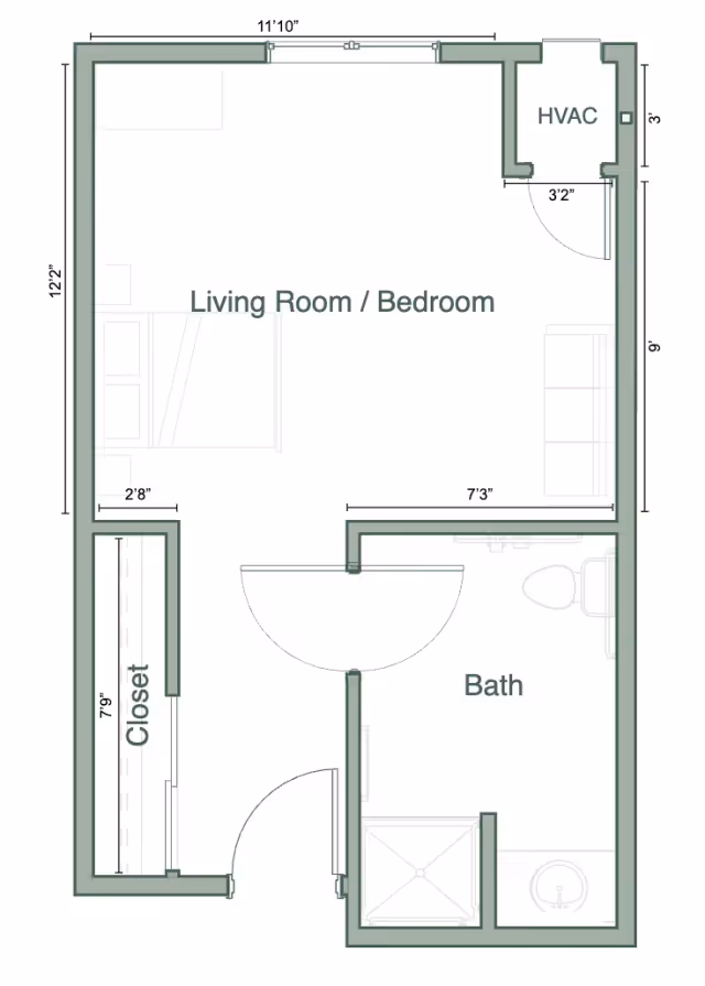 Floor plan of a living space at Legacy Village of Taylorsville showing a combined living room and bedroom area, a closet, a bathroom with a shower, toilet, and sink, and an HVAC closet. Dimensions for each area are marked.