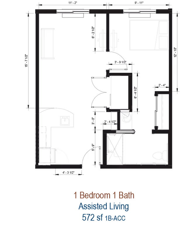 Architectural floor plan drawing of a one-bedroom, one-bath assisted living unit labeled 572 sf.