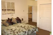 A furnished bedroom with a floral green bedspread, multiple decorative pillows, a nightstand, closet doors, and a doorway leading to another room.