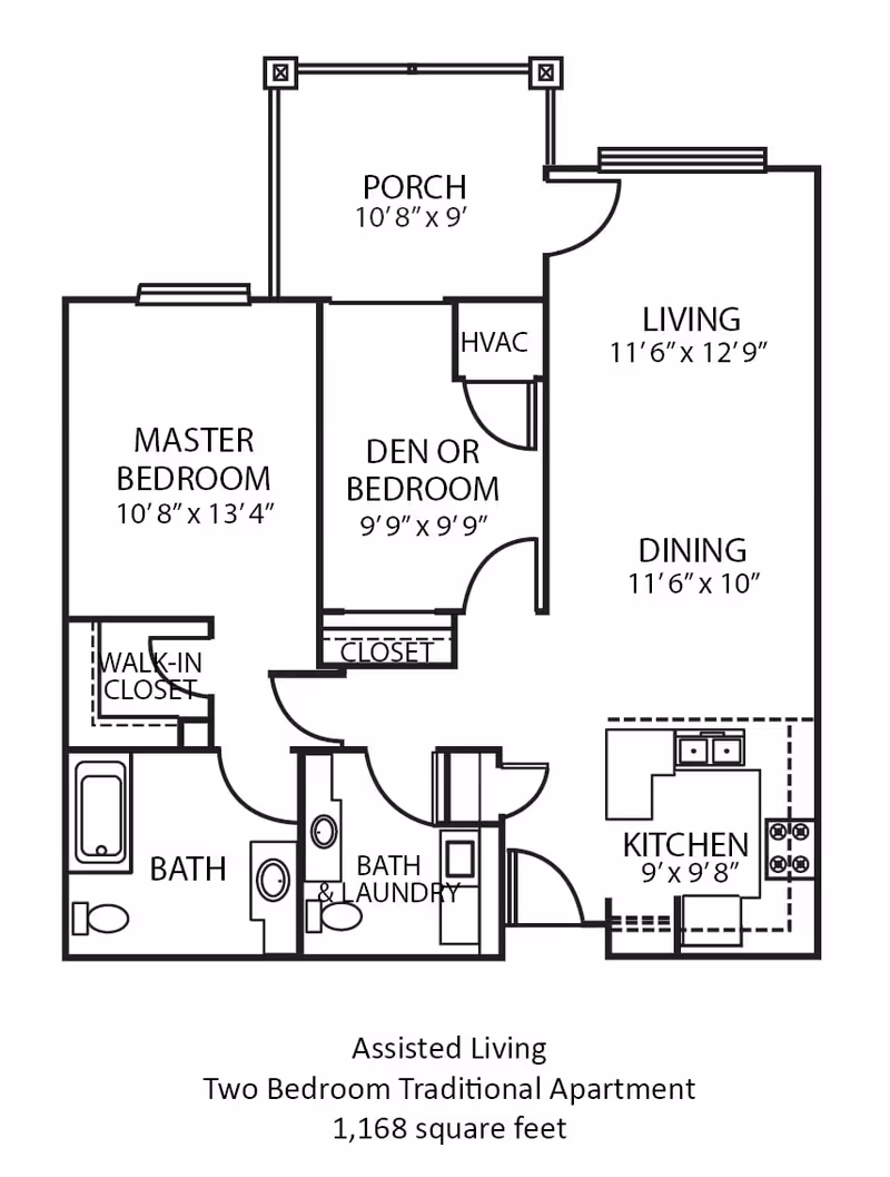Floor plan of an assisted living two-bedroom traditional apartment at Brookview Meadows, showing a master bedroom with walk-in closet, a den or bedroom, two bathrooms including one with laundry, a kitchen, dining area, living room, and porch. The total area is 1,168 square feet.