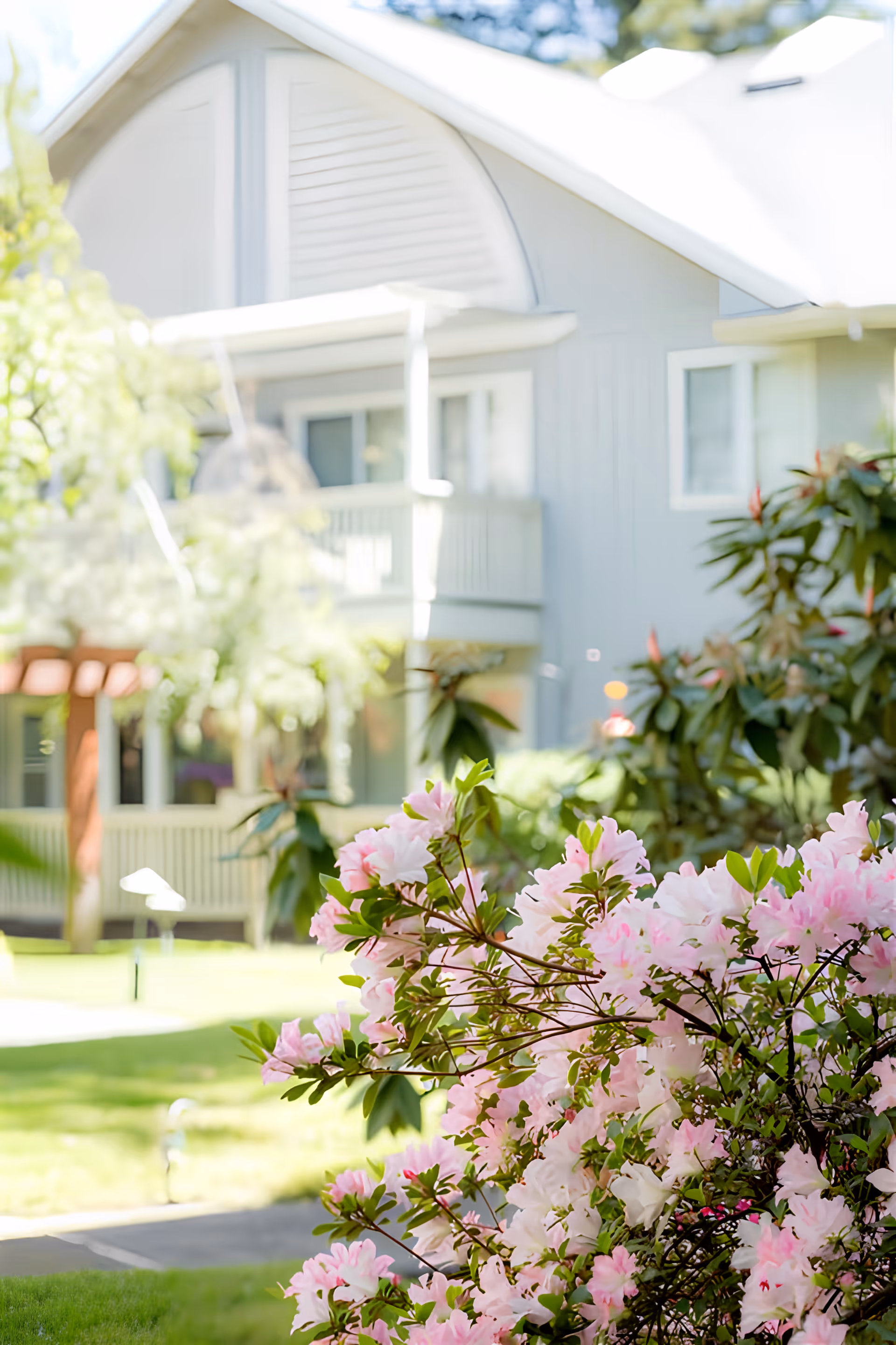 A bright outdoor scene at Cogir of Rohnert Park featuring blooming pink and white flowers in the foreground with a light gray building and green lawn in the background.